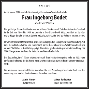 Traueranzeige von Ingeborg Bodet von Medienhaus Bauer